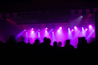 Blurred crowd at concert with bright colorful stage lights